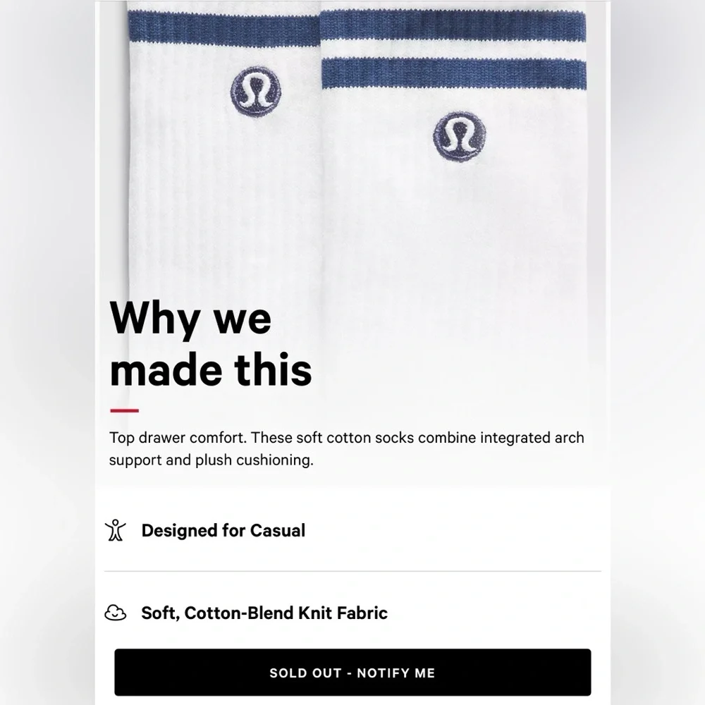 lululemon Crew Stripe Socks,White,Blue, Daily Essentials, L (9.5-12)